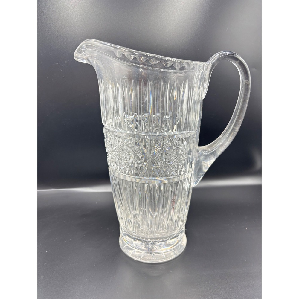 Vintage Cut Glass Water Pitcher Clear Crystal Starburst Pattern 10 Inch Tall